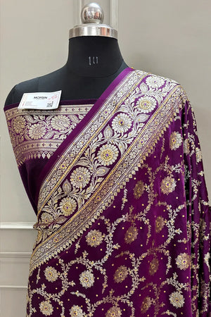 Purple Murmuri Jaal Stone Katan Silk Banarasi Saree