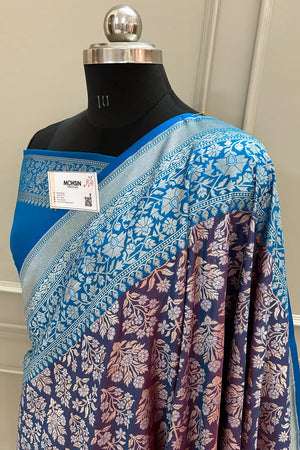 Purple and Blue Temple Buta Katan Silk Banarasi Saree