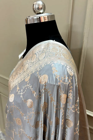 Silver Grey Ropeway Jaal Katan Silk Banarasi Saree