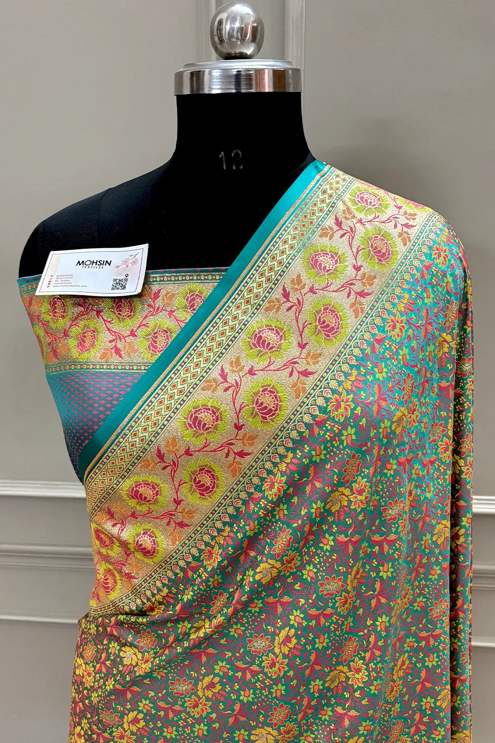 Turquoise and Grey Jungli Jaal Katan Silk Banarasi Saree