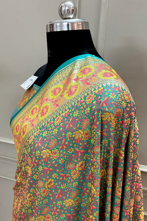 Turquoise and Grey Jungli Jaal Katan Silk Banarasi Saree