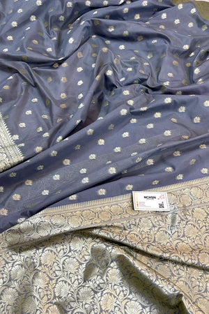 Grey Ghonga Buti Katan Silk Banarasi Saree