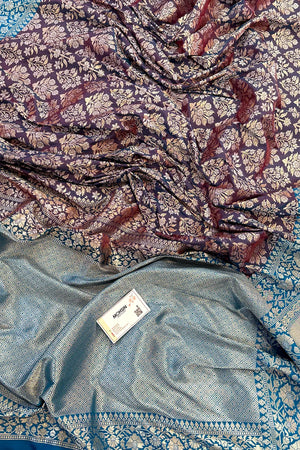 Purple and Blue Temple Buta Katan Silk Banarasi Saree