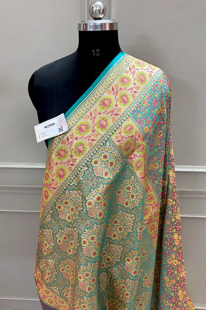 Turquoise and Grey Jungli Jaal Katan Silk Banarasi Saree