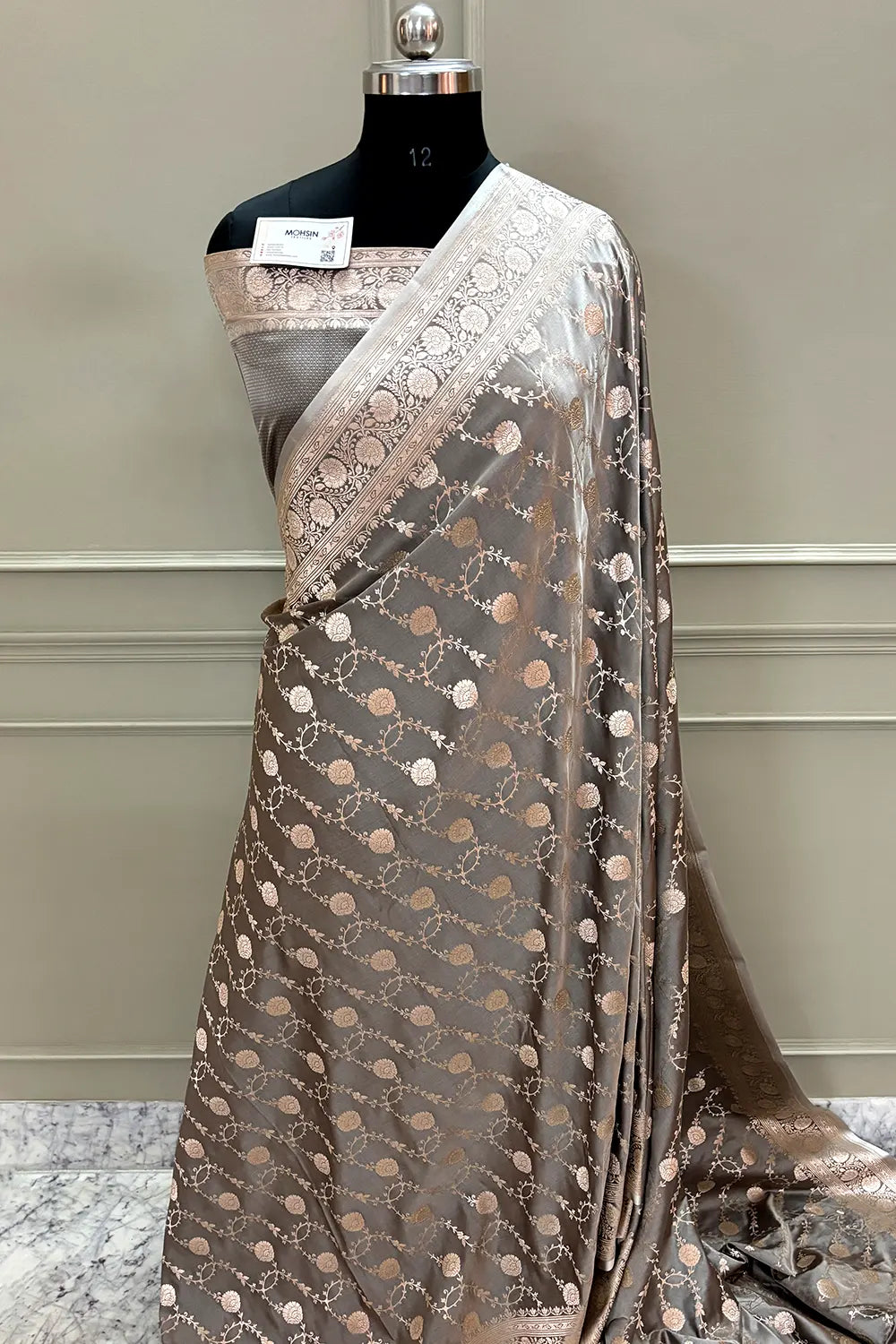 Charcoal Grey Ropeway Jaal Katan Silk Banarasi Saree