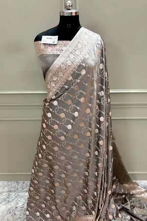 Charcoal Grey Ropeway Jaal Katan Silk Banarasi Saree
