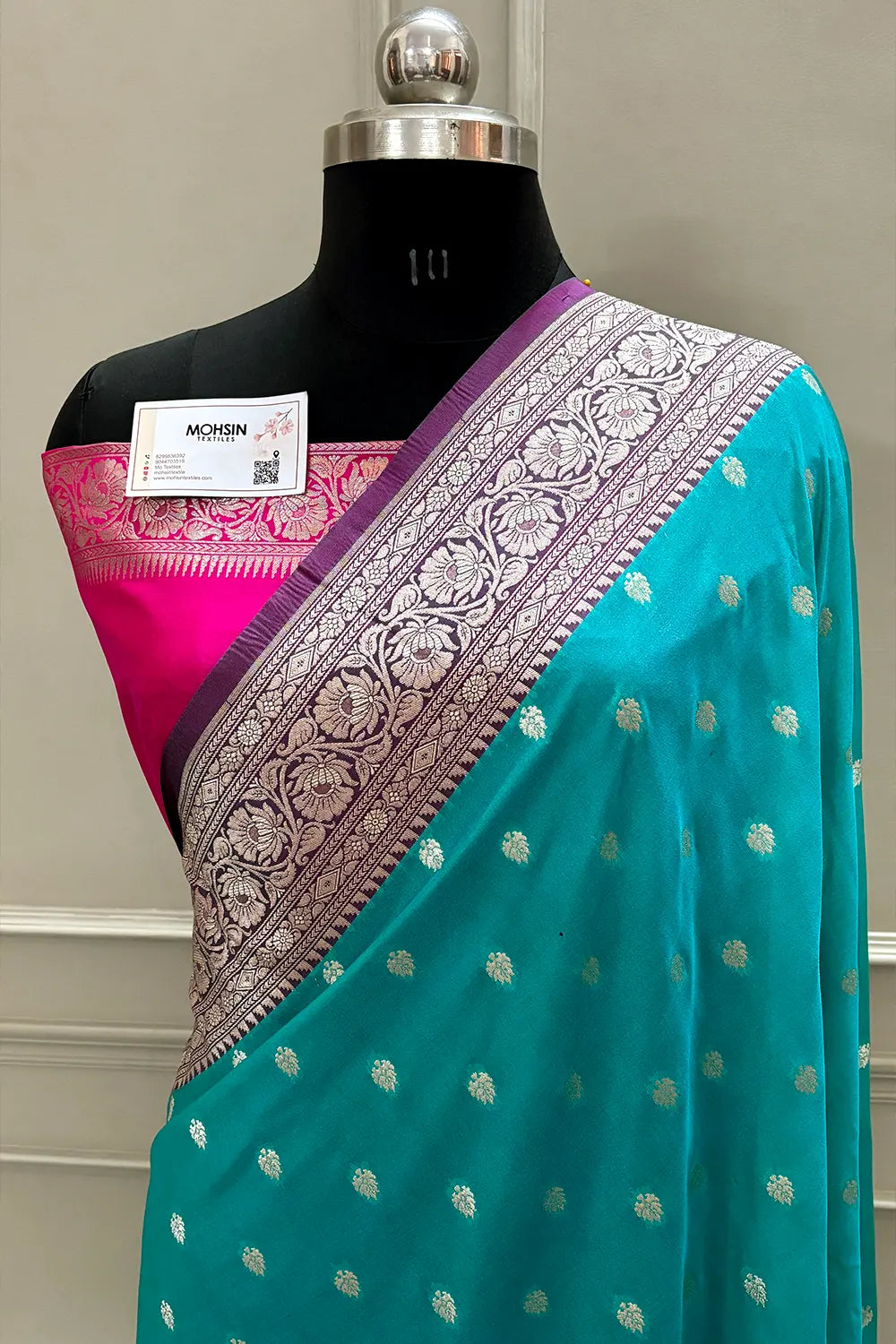 Sea Green and Pink Rudraksha Buti Katan Silk Banarasi Saree