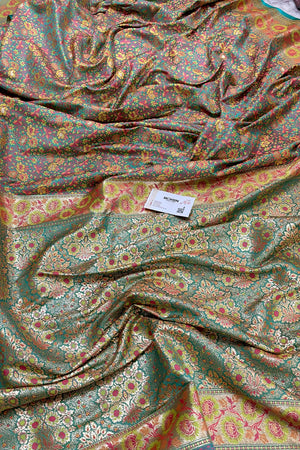 Turquoise and Grey Jungli Jaal Katan Silk Banarasi Saree