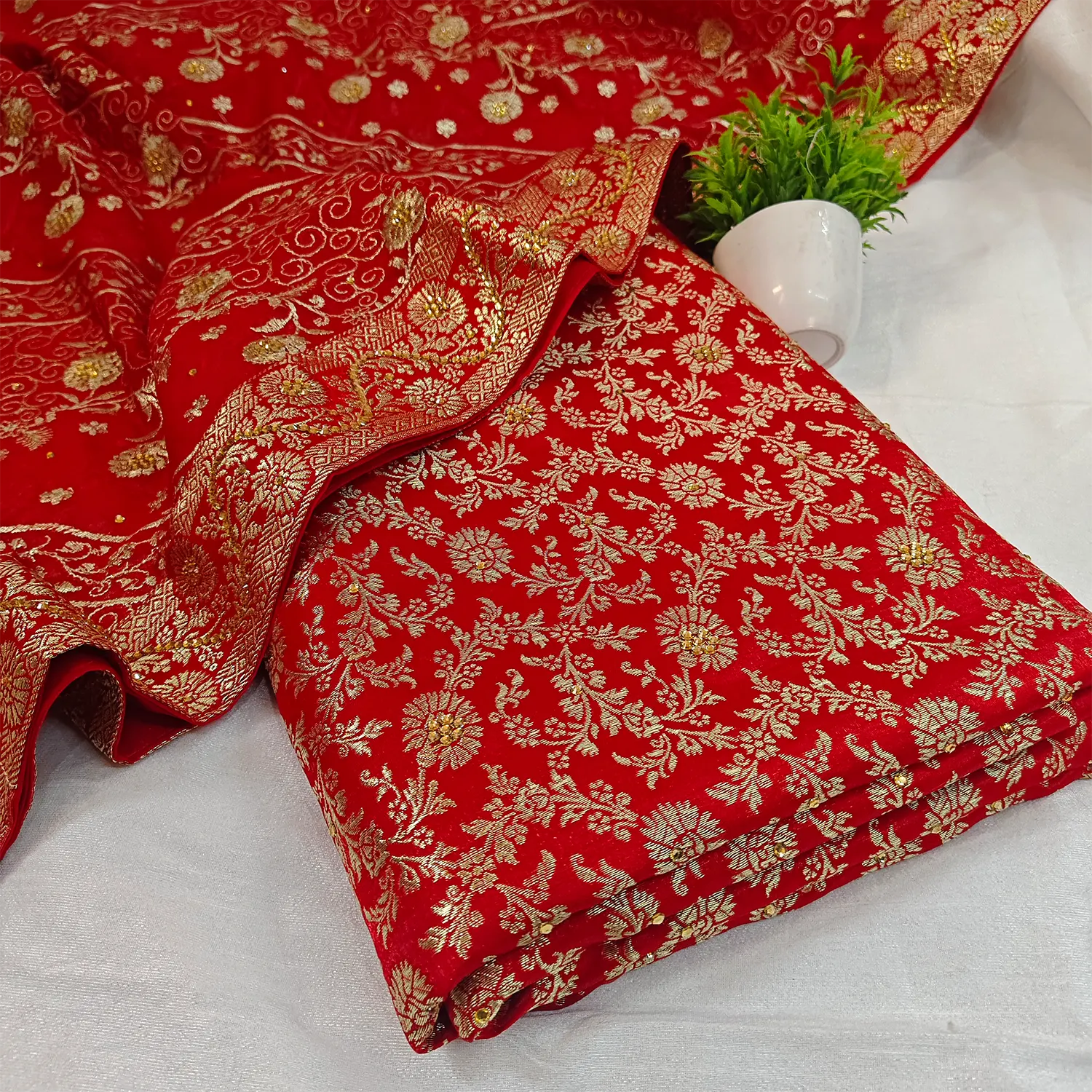Red Stone Work Kimkhab Silk Banarasi Gharara