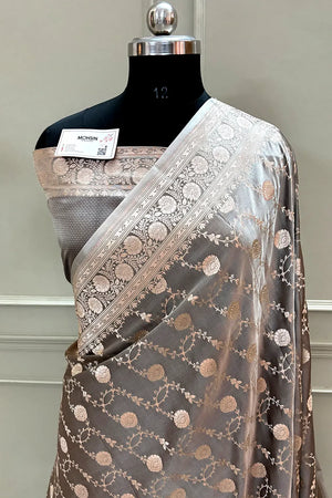Charcoal Grey Ropeway Jaal Katan Silk Banarasi Saree