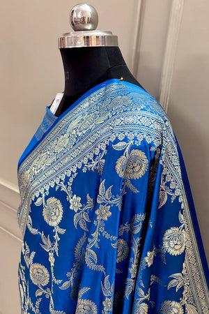 Dark Firozi Shahanshahi Jaal Katan Silk Banarasi Saree