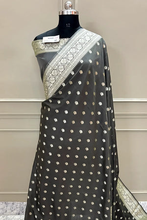Dark Grey Ghonga Buti Katan Silk Banarasi Saree