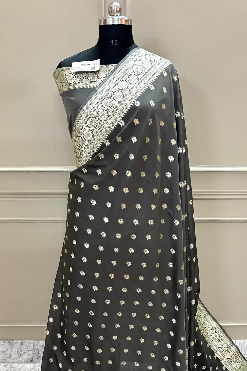 Dark Grey Ghonga Buti Katan Silk Banarasi Saree