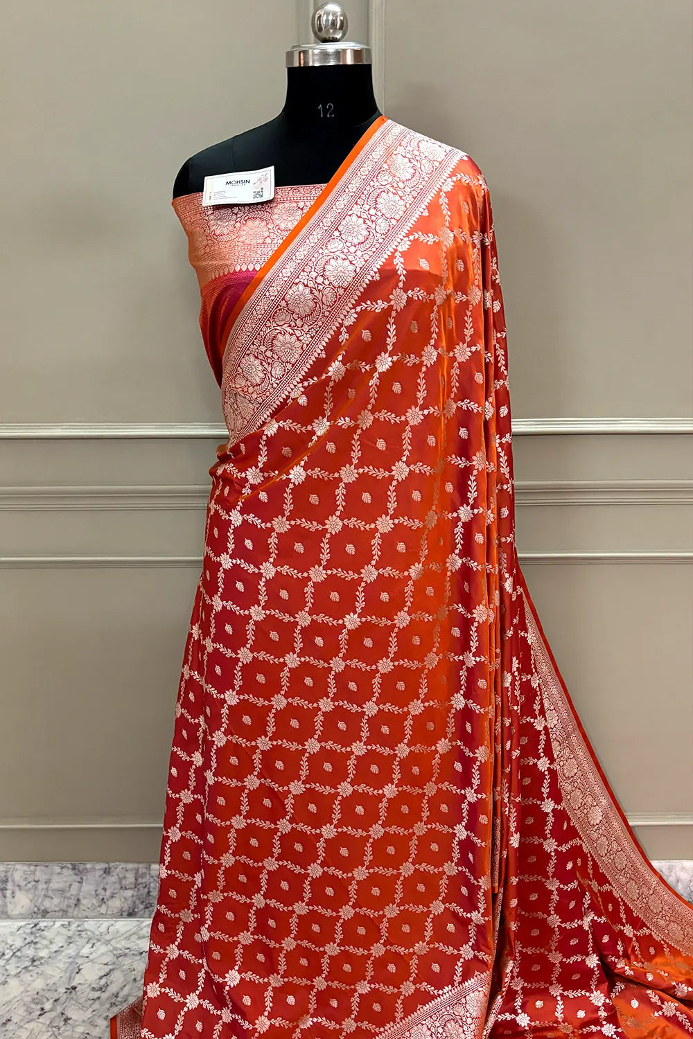 Rust Orange Qaidi Buti Katan Silk Banarasi Saree
