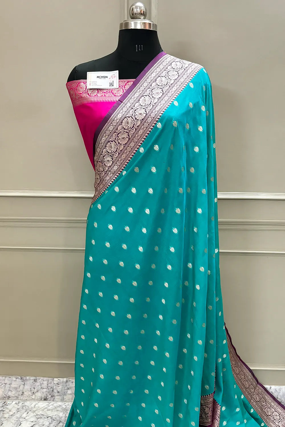 Sea Green and Pink Rudraksha Buti Katan Silk Banarasi Saree