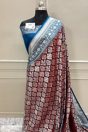 Wine and Blue Temple Buta Katan Silk Banarasi Saree