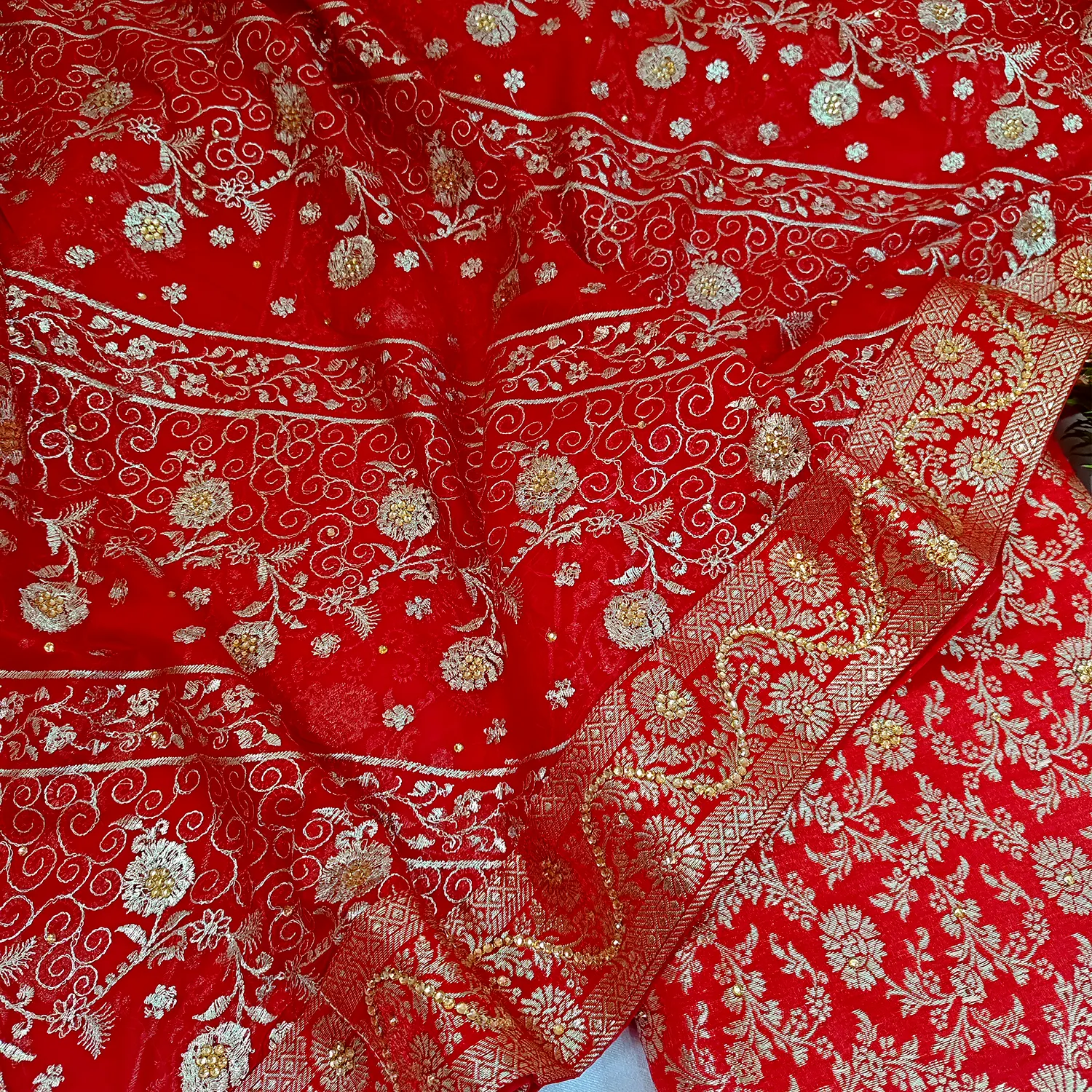 Red Stone Work Kimkhab Silk Banarasi Gharara