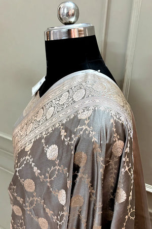Charcoal Grey Ropeway Jaal Katan Silk Banarasi Saree