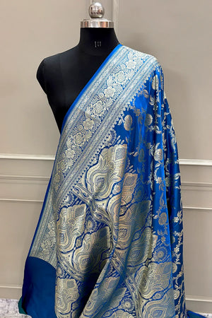 Dark Firozi Shahanshahi Jaal Katan Silk Banarasi Saree