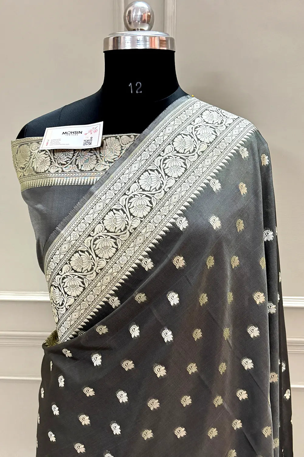Dark Grey Ghonga Buti Katan Silk Banarasi Saree