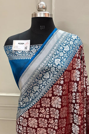 Wine and Blue Temple Buta Katan Silk Banarasi Saree