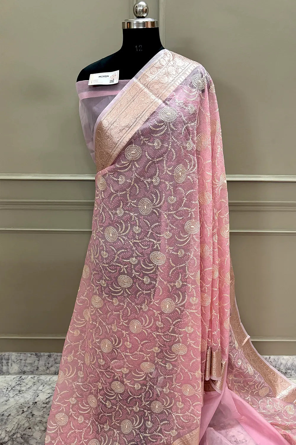 Baby Pink Embroidery Organza Silk Banarasi Saree