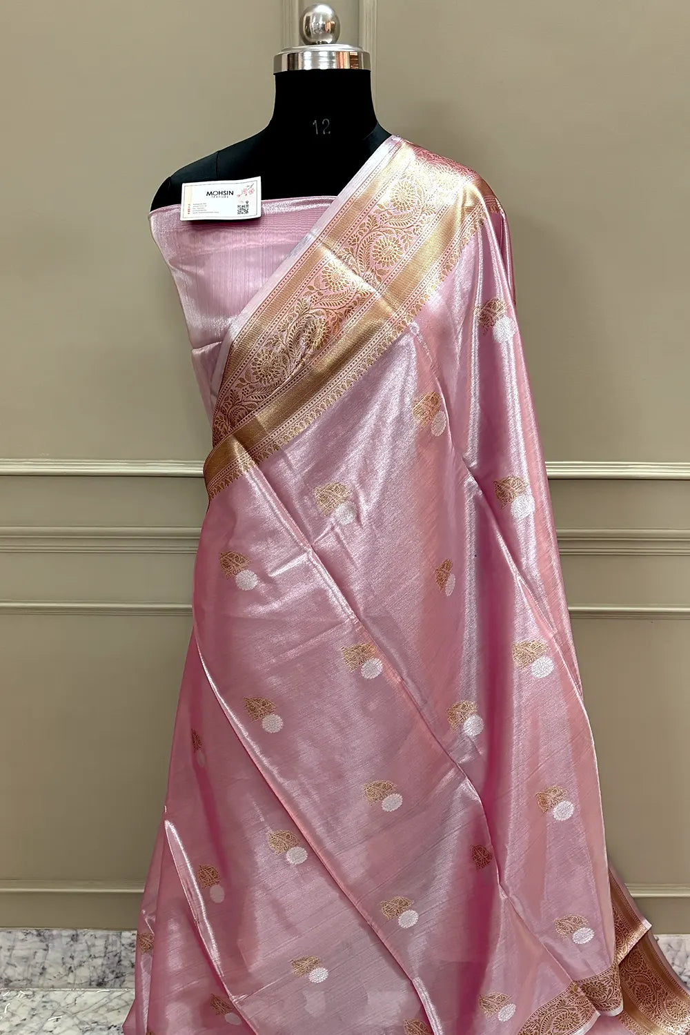 Baby Pink Golden Zari Tissue Silk Banarasi Saree