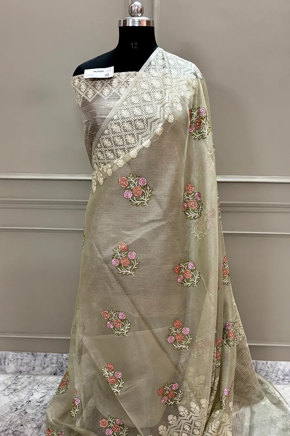 Beige Embroidery Tissue Silk Banarasi Saree