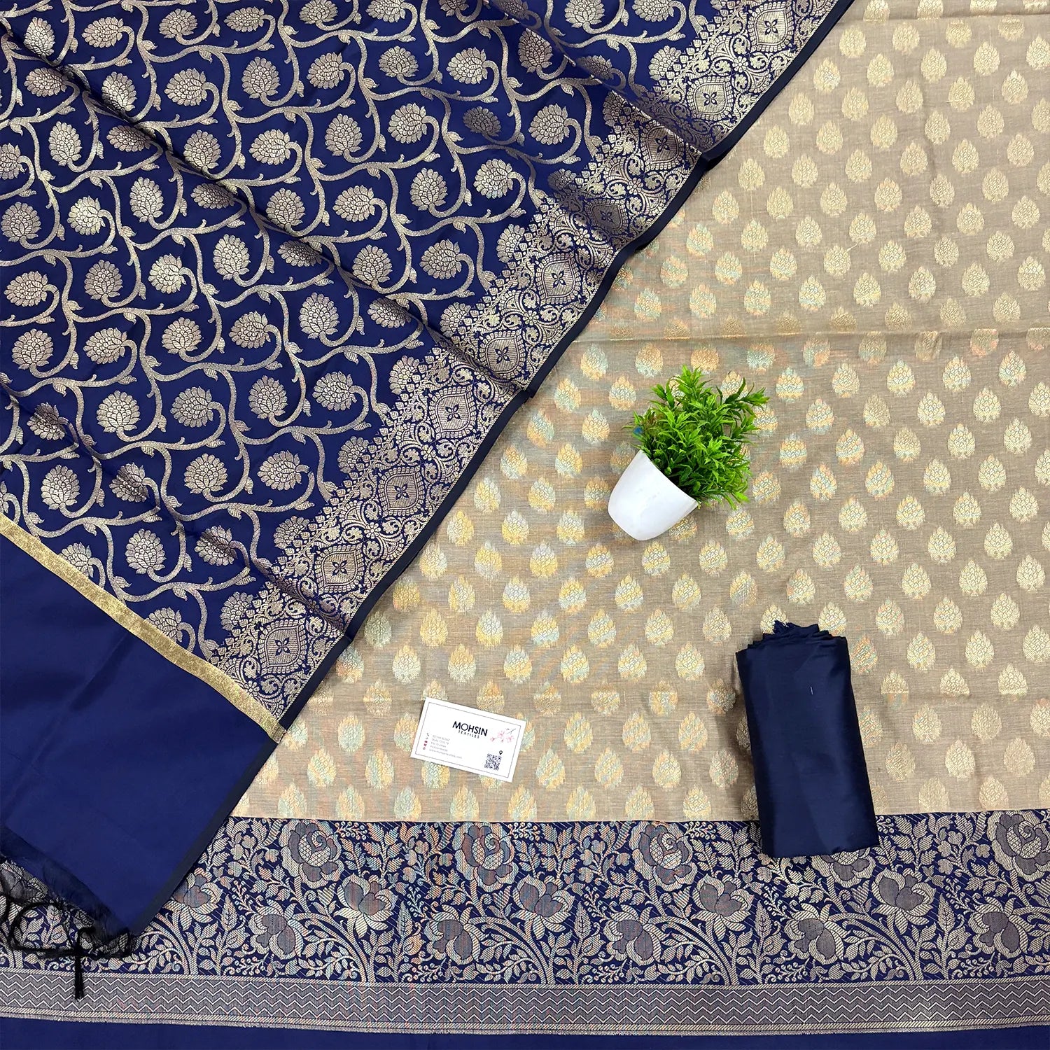 Beige and Navy Blue Gulkan Buti Satin Silk Banarasi Suit