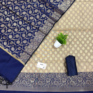 Beige and Navy Blue Gulkan Buti Satin Silk Banarasi Suit
