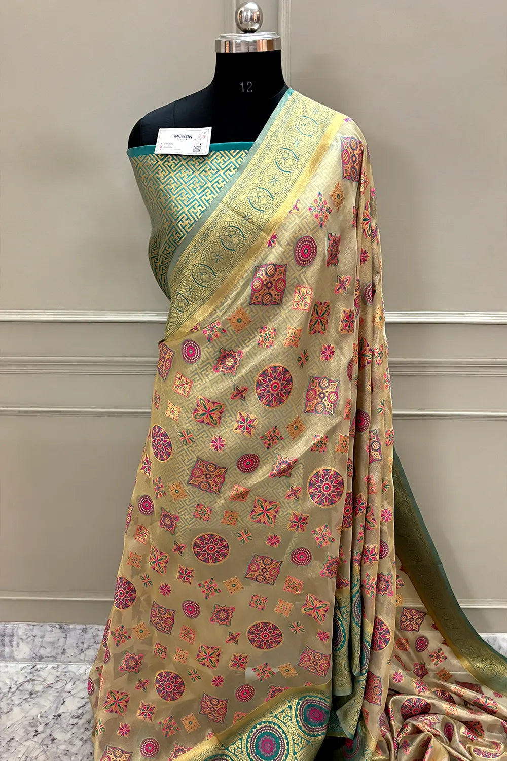 Beige and Teal Golden Zari Tissue Silk Banarasi Saree