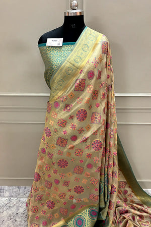 Beige and Teal Golden Zari Tissue Silk Banarasi Saree
