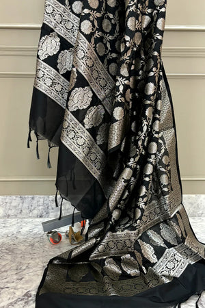 Black Golden Zari Katan Silk Banarasi Dupatta