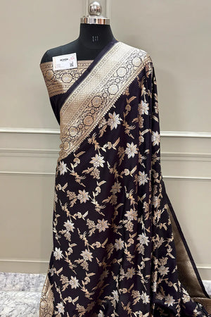 Black Jasmine Jaal Katan Silk Banarasi Saree