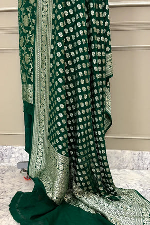 Bottle Green Golden Zari Georgette Silk Banarasi Suit