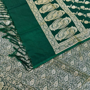 Bottle Green Golden Zari Katan Silk Banarasi Suit