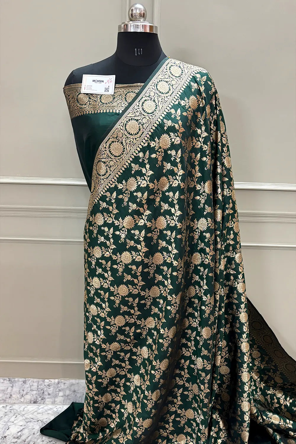 Bottle Green Golden Zari Satin Silk Banarasi Saree