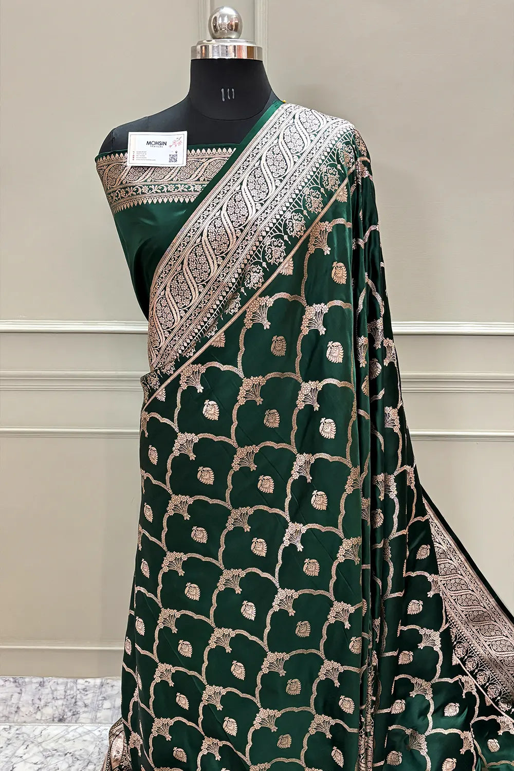 Bottle Green Mughal Mehrab Katan Silk Banarasi Saree