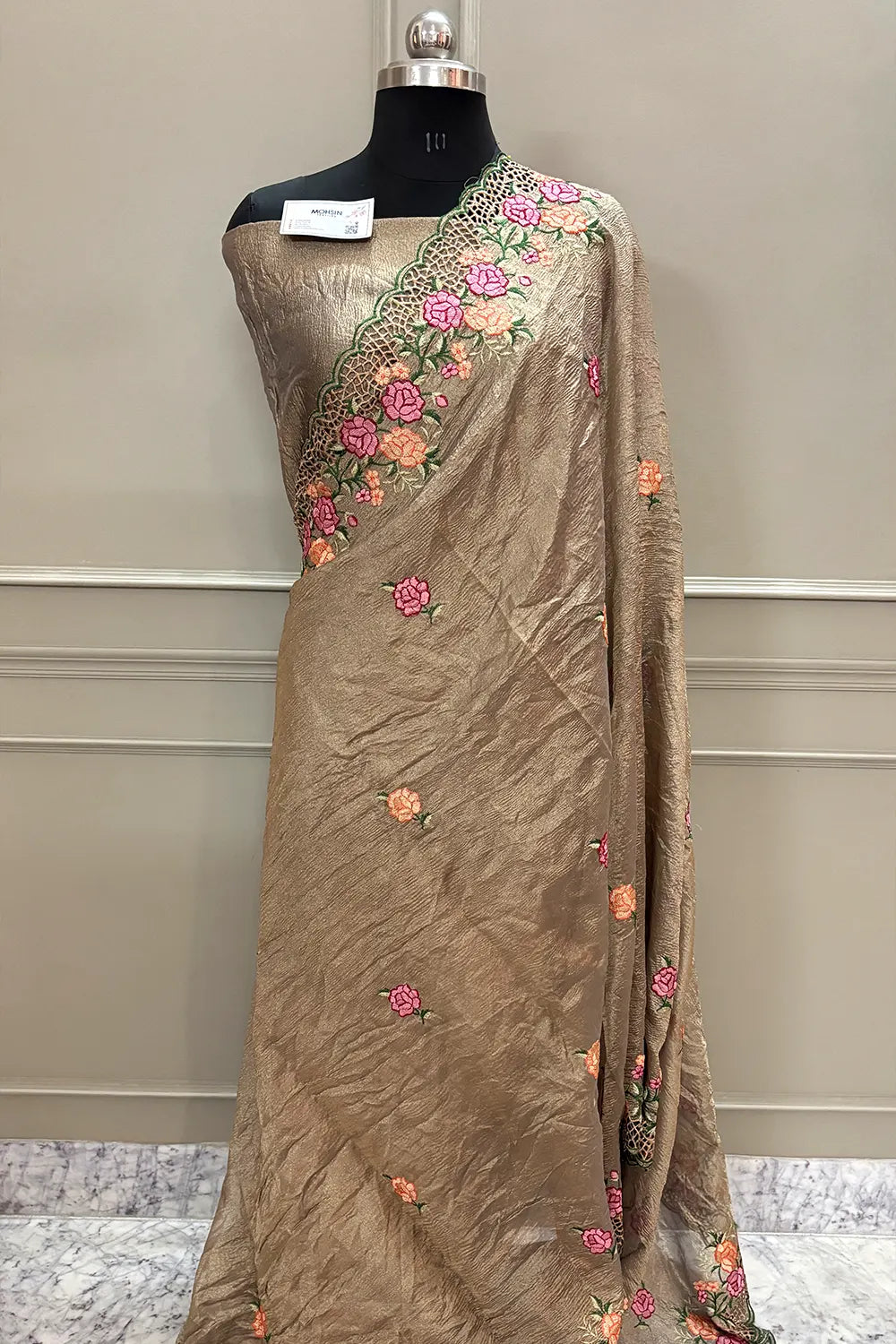 Copper Crush Embroidery Tissue Silk Banarasi Saree