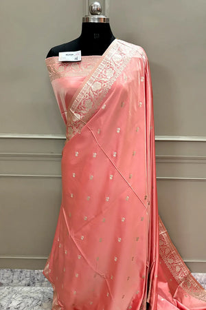 Dark Peach Babu Buti Katan Silk Banarasi Saree