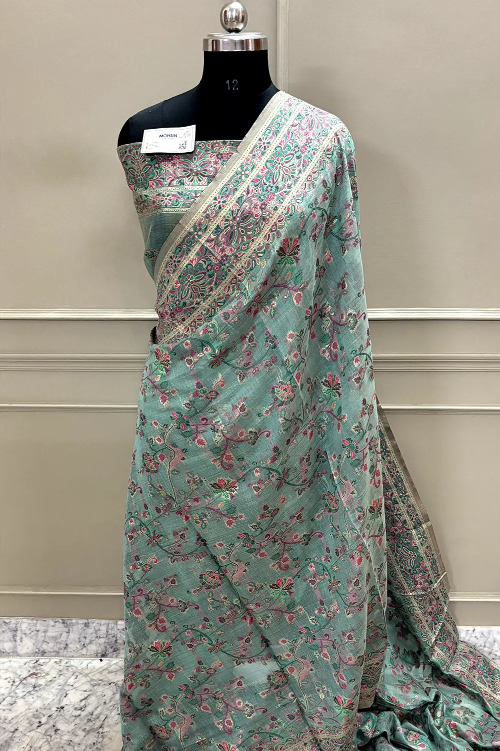 Firozi Printed Linen Silk Banarasi Saree