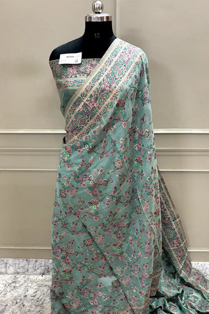 Firozi Printed Linen Silk Banarasi Saree