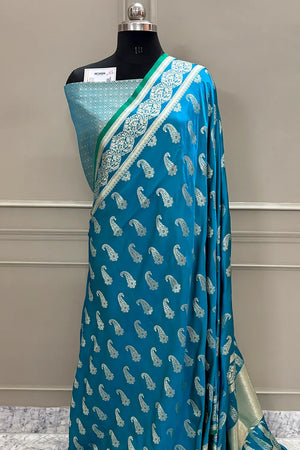 Firozi Unicorn Buti Katan Silk Banarasi Saree
