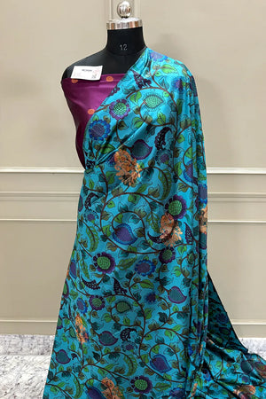 Firozi and Pink Printed Silk Saree