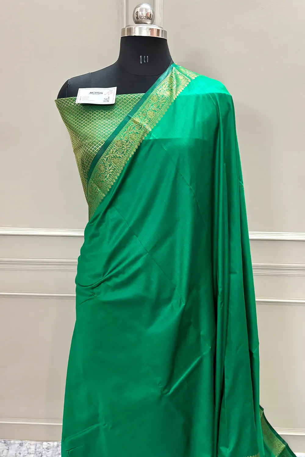 Green Plain Golden Zari Silky Banarasi Saree