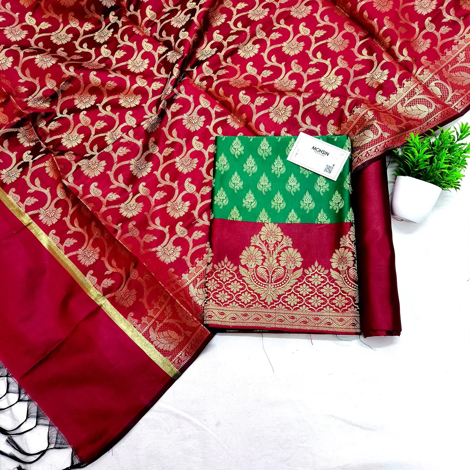 Green and Maroon Contrass Satin Silk Banarasi Suit