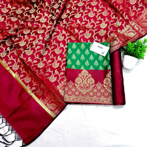 Green and Maroon Contrass Satin Silk Banarasi Suit
