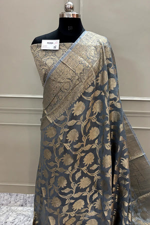 Grey Golden Zari Chanderi Silk Banarasi Saree