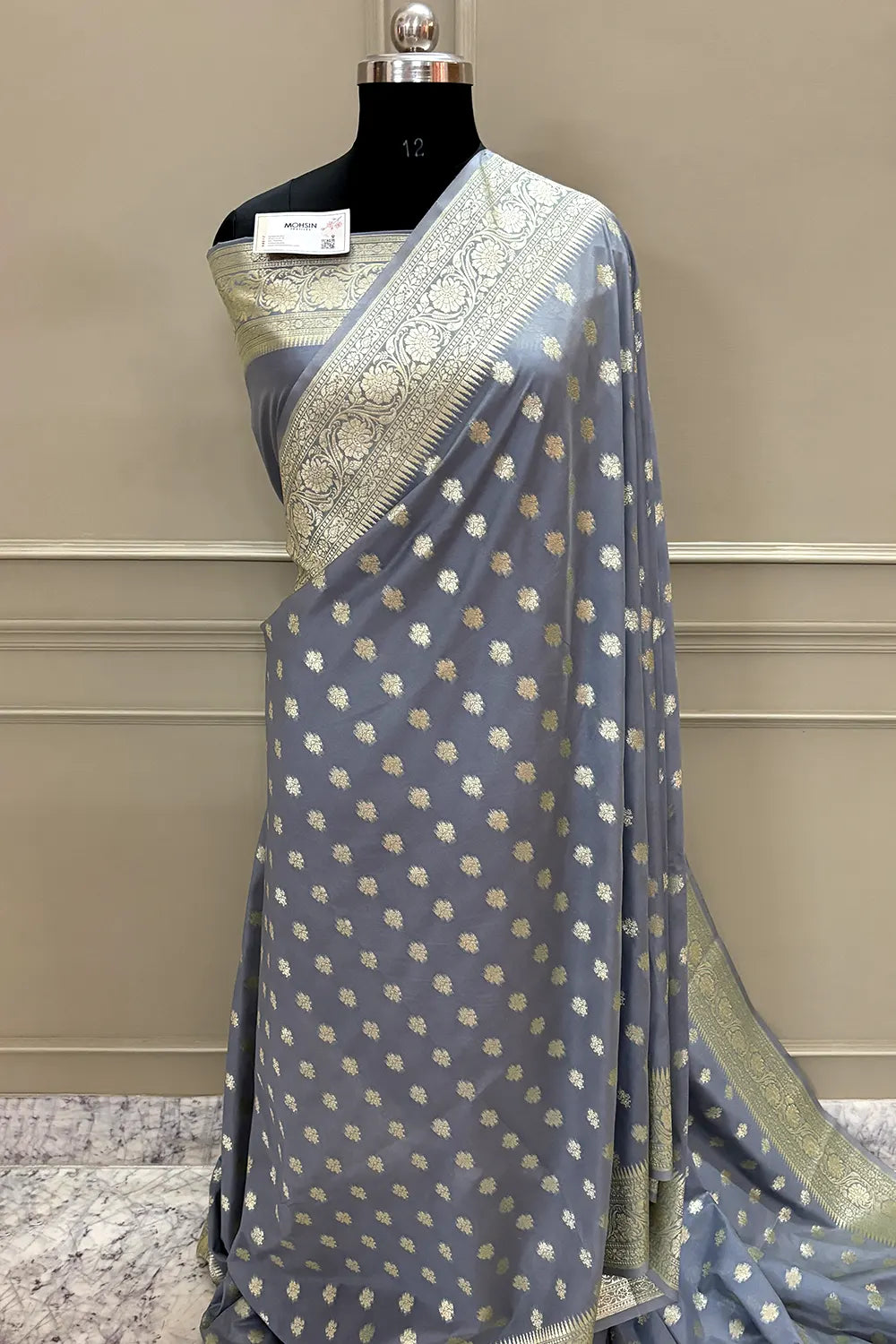 Grey Golden Zari Crepe Silk Banarasi Saree