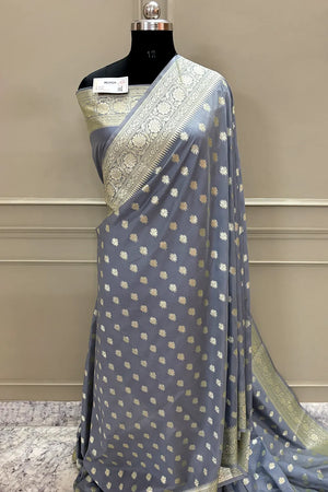 Grey Golden Zari Crepe Silk Banarasi Saree